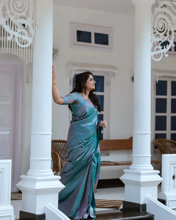 Effervescent Firozi Soft Silk Saree With Efflorescence Blouse Piece - Shop authentic Indian Women's Fashion by Silk Folks