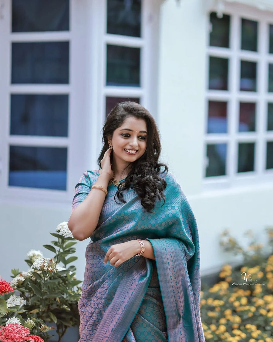 Effervescent Firozi Soft Silk Saree With Efflorescence Blouse Piece - Shop authentic Indian Women's Fashion by Silk Folks