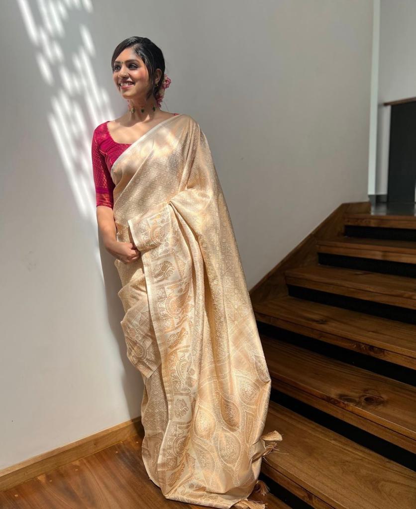 Wonderful Beige Soft Silk Saree With Mesmerising Blouse Piece - Shop authentic Indian Women's Fashion by Silk Folks