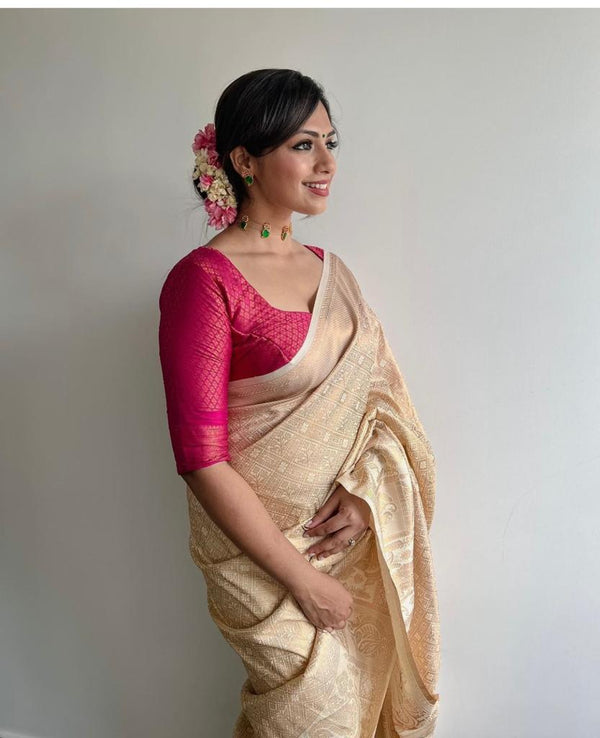 Wonderful Beige Soft Silk Saree With Mesmerising Blouse Piece - Shop authentic Indian Women's Fashion by Silk Folks