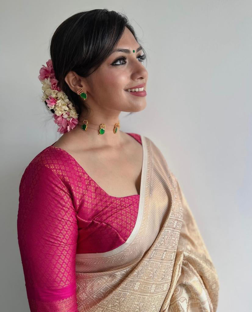 Wonderful Beige Soft Silk Saree With Mesmerising Blouse Piece - Shop authentic Indian Women's Fashion by Silk Folks