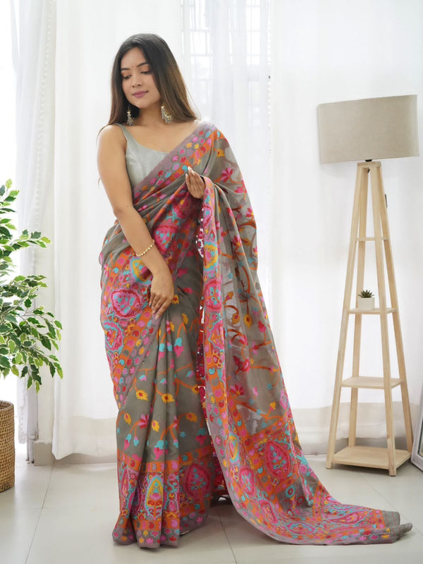 Arresting Grey Pashmina saree With Smart Blouse Piece - Shop authentic Indian Women's Fashion by Silk Folks