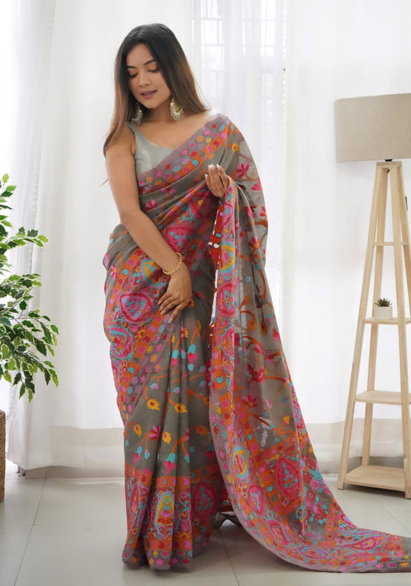 Arresting Grey Pashmina saree With Smart Blouse Piece - Shop authentic Indian Women's Fashion by Silk Folks