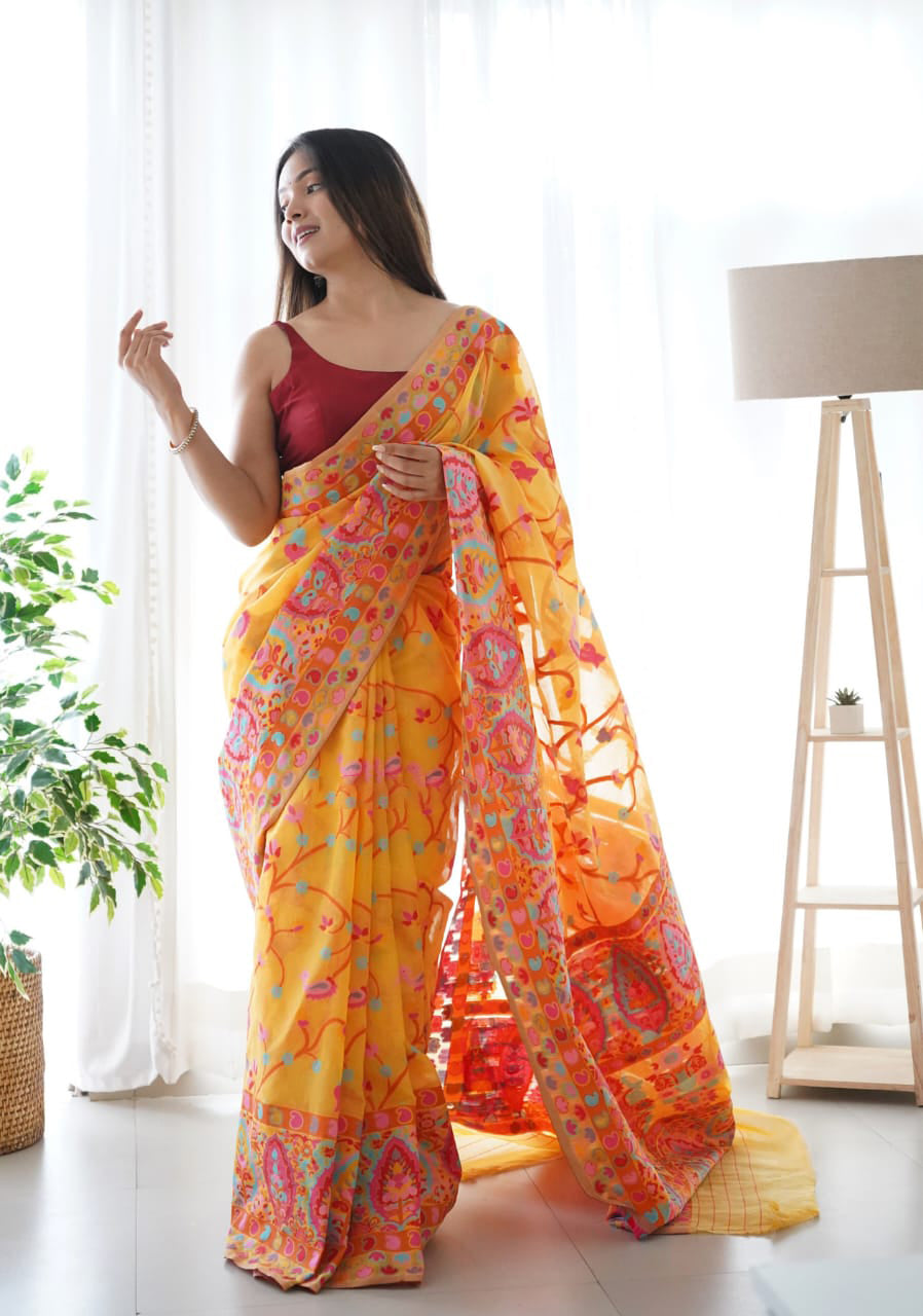 Trendy Yellow Pashmina saree With Unique Blouse Piece - Shop authentic Indian Women's Fashion by Silk Folks