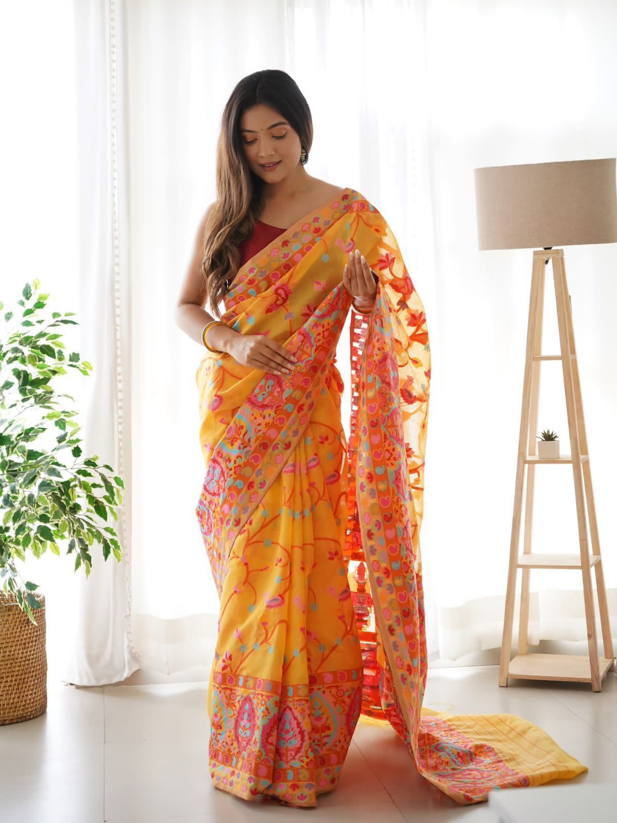 Trendy Yellow Pashmina saree With Unique Blouse Piece - Shop authentic Indian Women's Fashion by Silk Folks