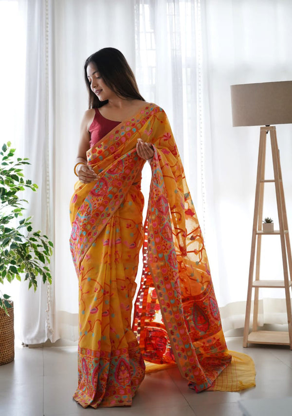 Trendy Yellow Pashmina saree With Unique Blouse Piece - Shop authentic Indian Women's Fashion by Silk Folks