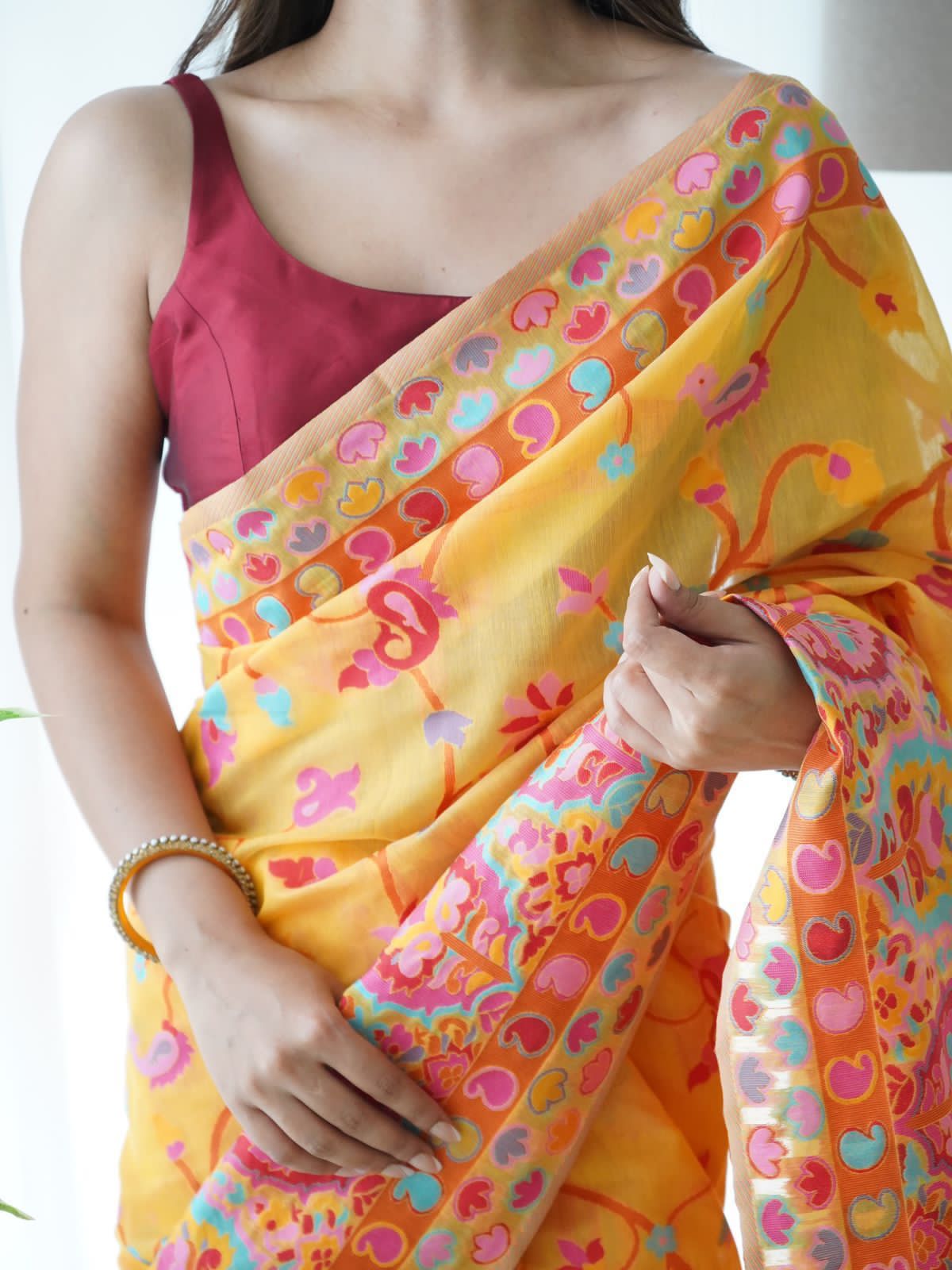 Trendy Yellow Pashmina saree With Unique Blouse Piece - Shop authentic Indian Women's Fashion by Silk Folks