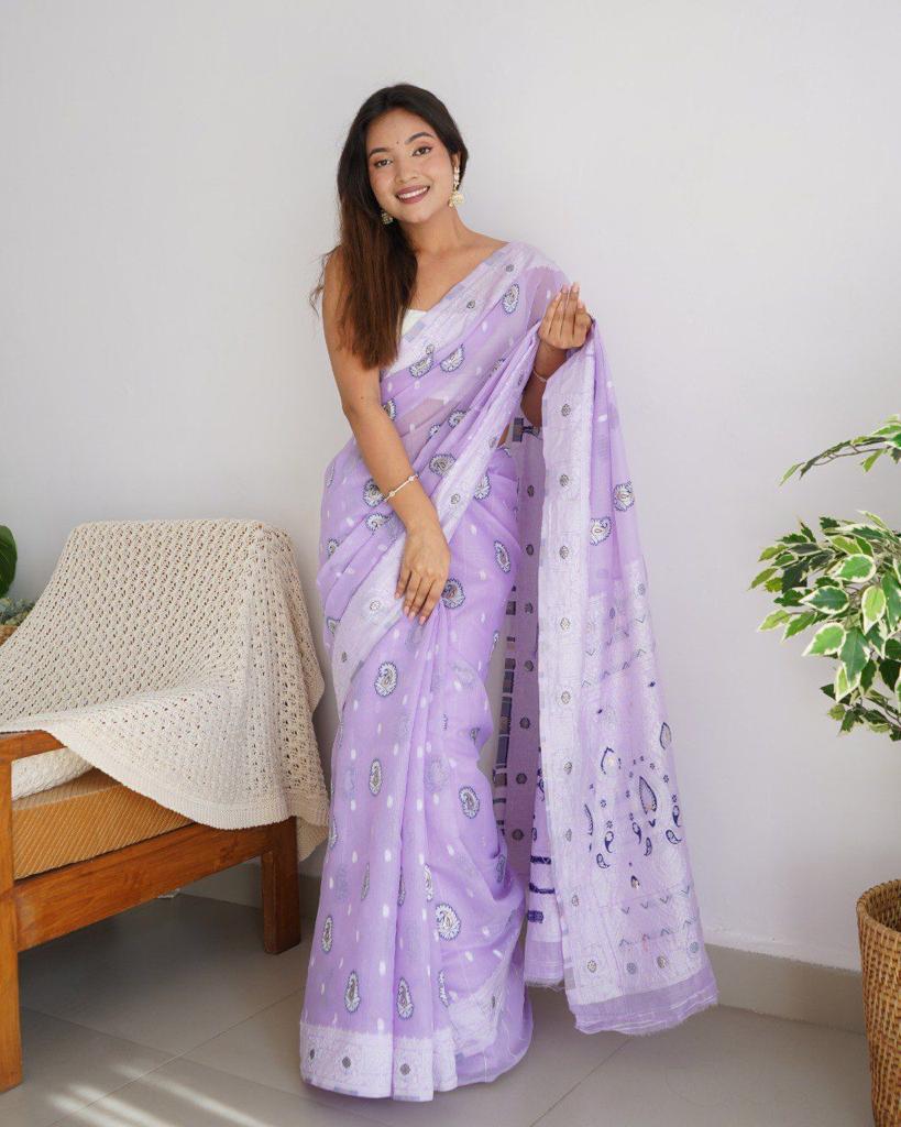 Classy Lavender Cotton Silk Saree With Precious Blouse Piece - Shop authentic Indian Women's Fashion by Silk Folks