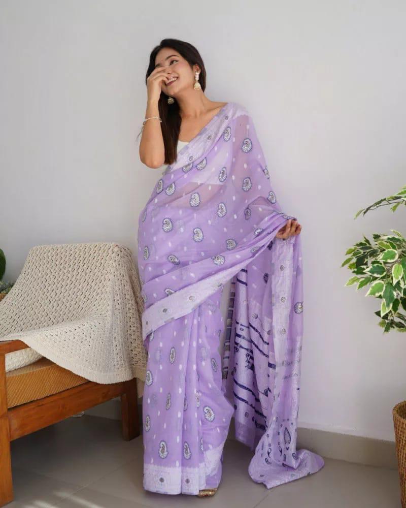 Classy Lavender Cotton Silk Saree With Precious Blouse Piece - Shop authentic Indian Women's Fashion by Silk Folks