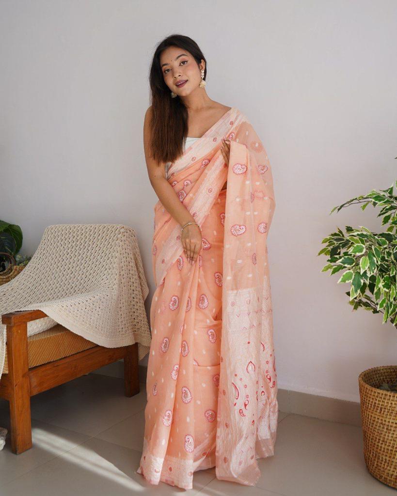 Extraordinary Peach Cotton Silk Saree With Lovely Blouse Piece - Shop authentic Indian Women's Fashion by Silk Folks