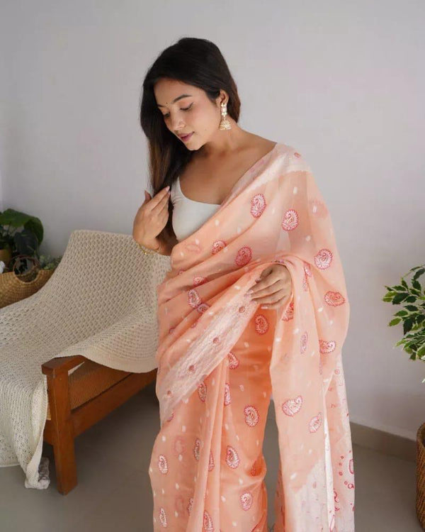 Extraordinary Peach Cotton Silk Saree With Lovely Blouse Piece - Shop authentic Indian Women's Fashion by Silk Folks