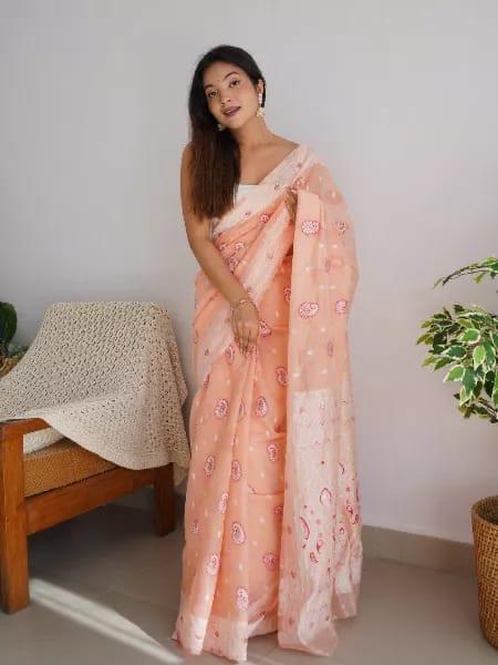 Extraordinary Peach Cotton Silk Saree With Lovely Blouse Piece - Shop authentic Indian Women's Fashion by Silk Folks
