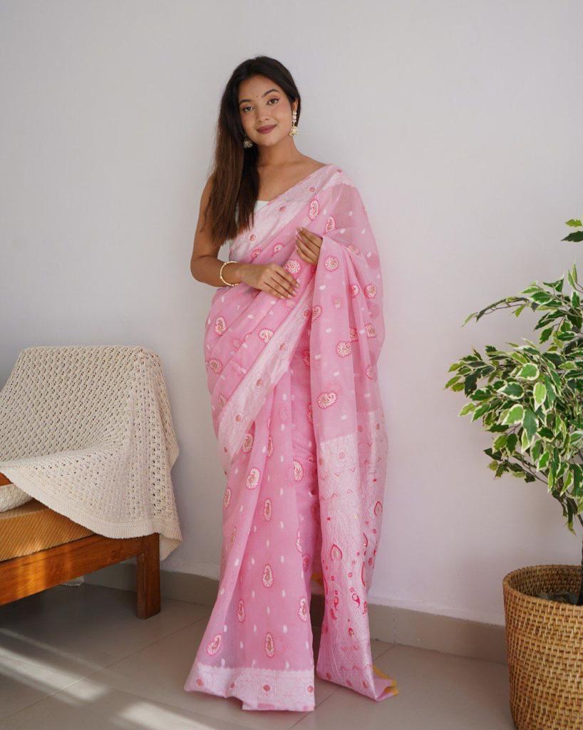 Energetic Baby Pink Cotton Silk Saree With Attractive Blouse Piece - Shop authentic Indian Women's Fashion by Silk Folks