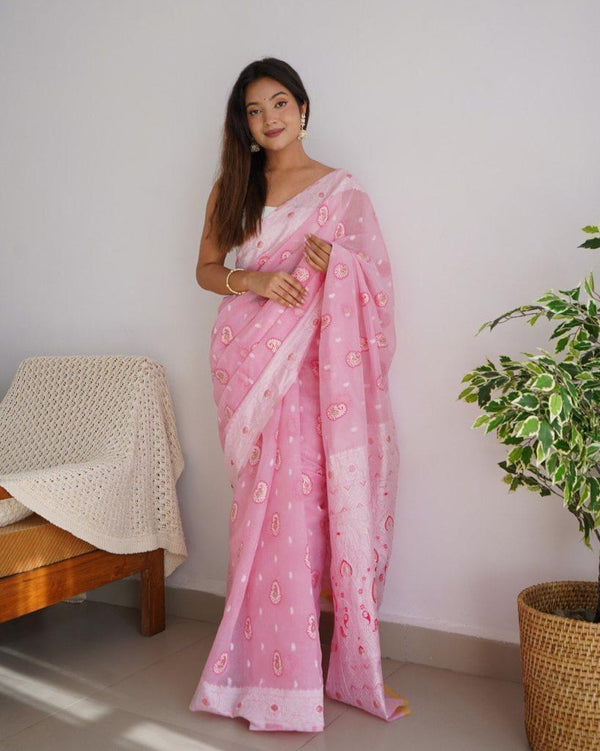 Energetic Baby Pink Cotton Silk Saree With Attractive Blouse Piece - Shop authentic Indian Women's Fashion by Silk Folks