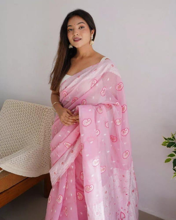 Energetic Baby Pink Cotton Silk Saree With Attractive Blouse Piece - Shop authentic Indian Women's Fashion by Silk Folks