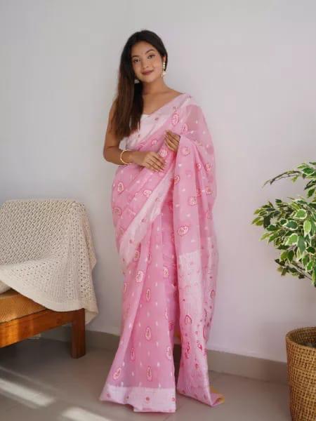 Energetic Baby Pink Cotton Silk Saree With Attractive Blouse Piece - Shop authentic Indian Women's Fashion by Silk Folks