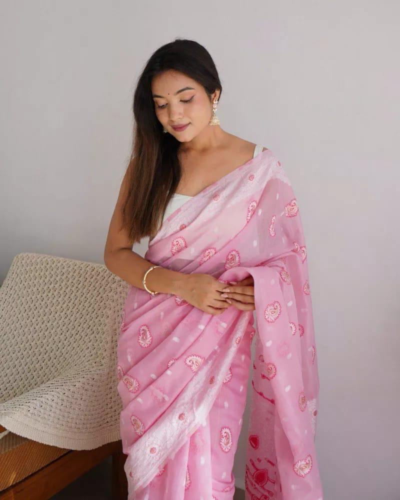 Energetic Baby Pink Cotton Silk Saree With Attractive Blouse Piece - Shop authentic Indian Women's Fashion by Silk Folks