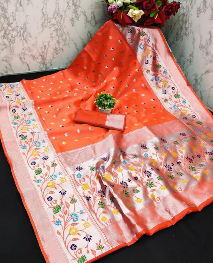 Gorgeous Orange Paithani Silk Saree With Alluring  Blouse Piece - Shop authentic Indian Women's Fashion by Silk Folks