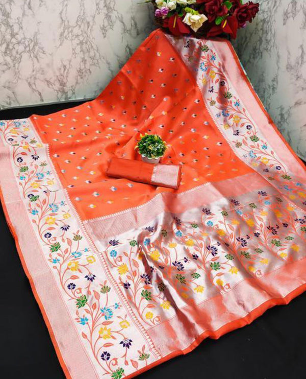 Gorgeous Orange Paithani Silk Saree With Alluring  Blouse Piece - Shop authentic Indian Women's Fashion by Silk Folks
