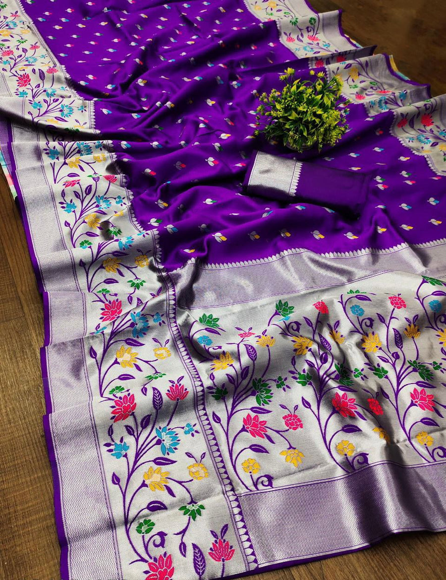 Wonderful Purple Paithani Silk Saree With Mesmerising Blouse Piece - Shop authentic Indian Women's Fashion by Silk Folks