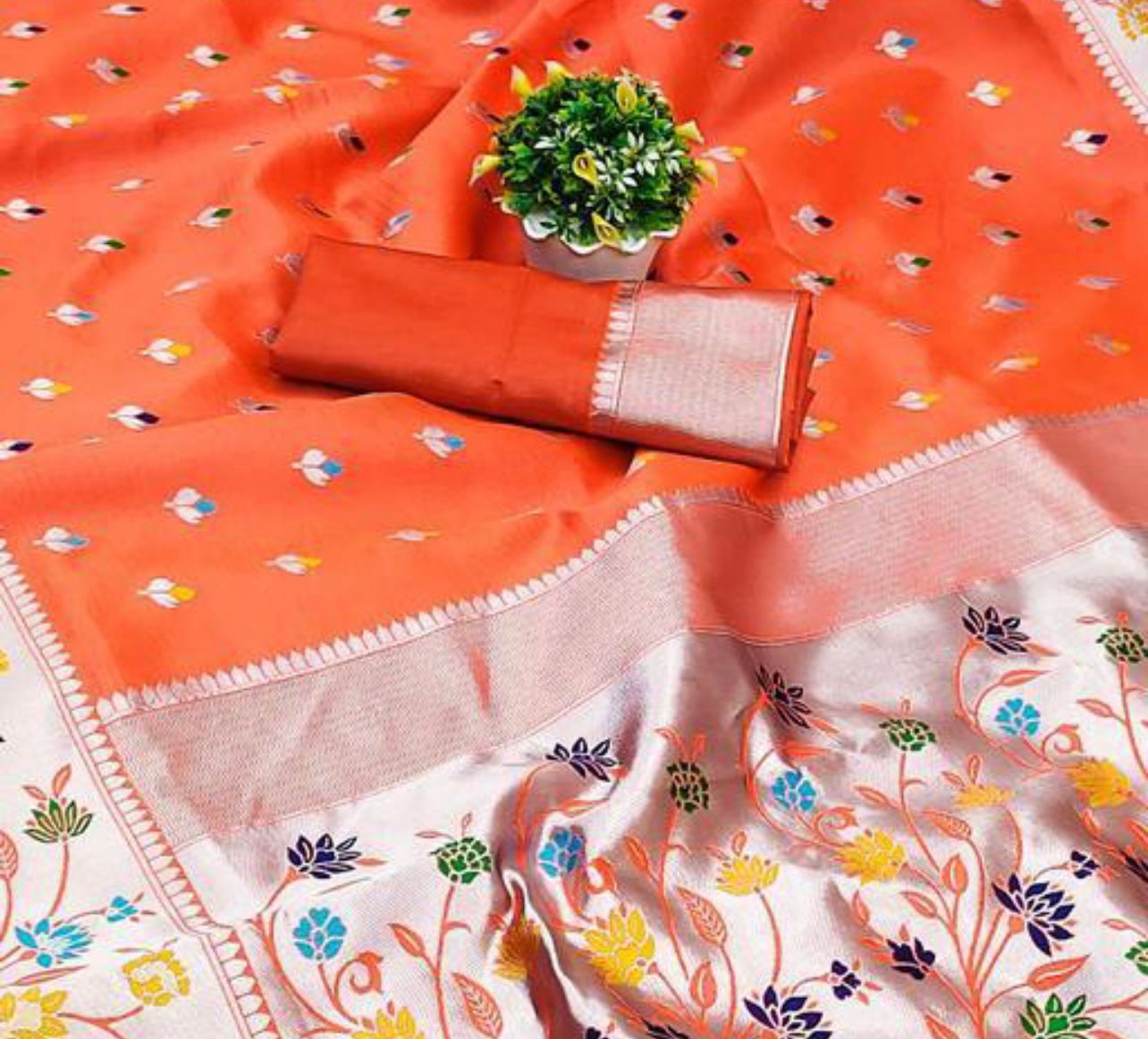 Gorgeous Orange Paithani Silk Saree With Alluring  Blouse Piece - Shop authentic Indian Women's Fashion by Silk Folks