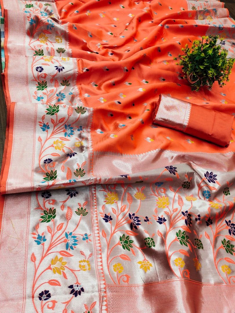 Gorgeous Orange Paithani Silk Saree With Alluring  Blouse Piece - Shop authentic Indian Women's Fashion by Silk Folks