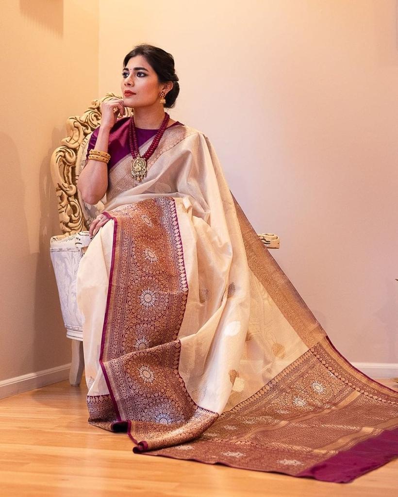 Mesmeric Beige Soft Banarasi Silk Saree With Stunner Blouse Piece - Shop authentic Indian Women's Fashion by Silk Folks