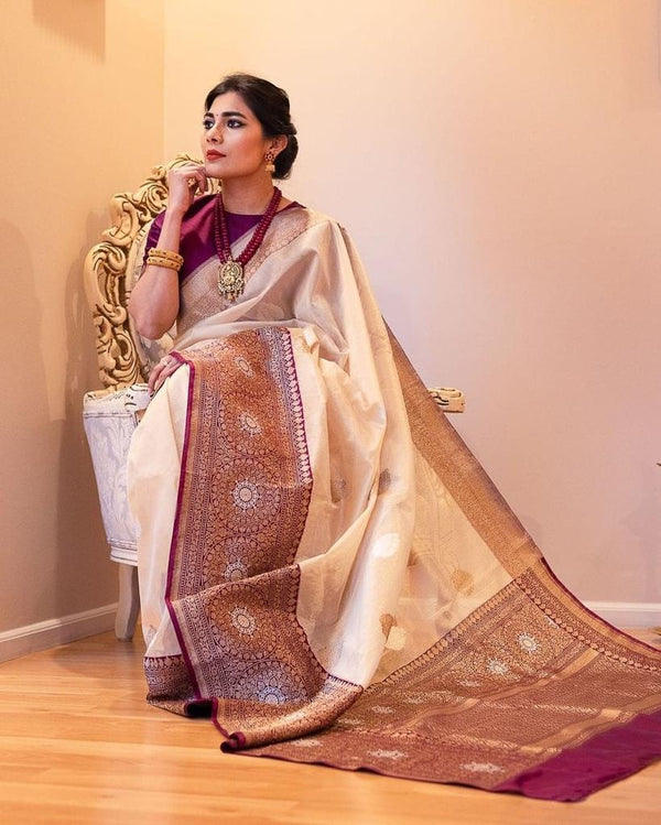 Mesmeric Beige Soft Banarasi Silk Saree With Stunner Blouse Piece - Shop authentic Indian Women's Fashion by Silk Folks