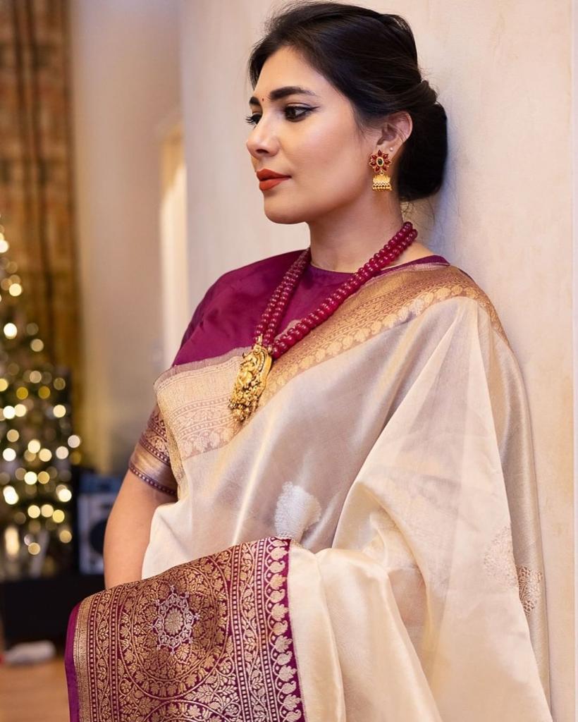 Mesmeric Beige Soft Banarasi Silk Saree With Stunner Blouse Piece - Shop authentic Indian Women's Fashion by Silk Folks