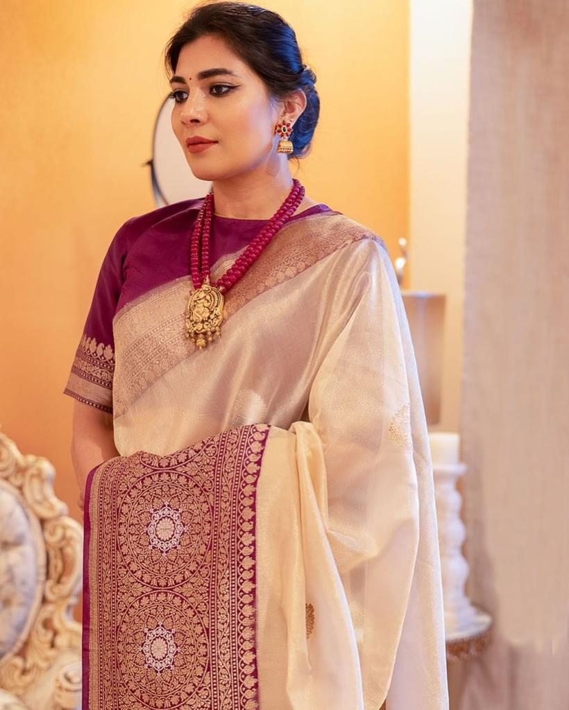 Mesmeric Beige Soft Banarasi Silk Saree With Stunner Blouse Piece - Shop authentic Indian Women's Fashion by Silk Folks
