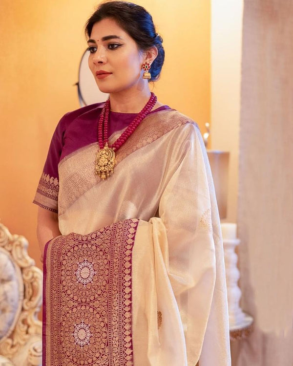 Mesmeric Beige Soft Banarasi Silk Saree With Stunner Blouse Piece - Shop authentic Indian Women's Fashion by Silk Folks