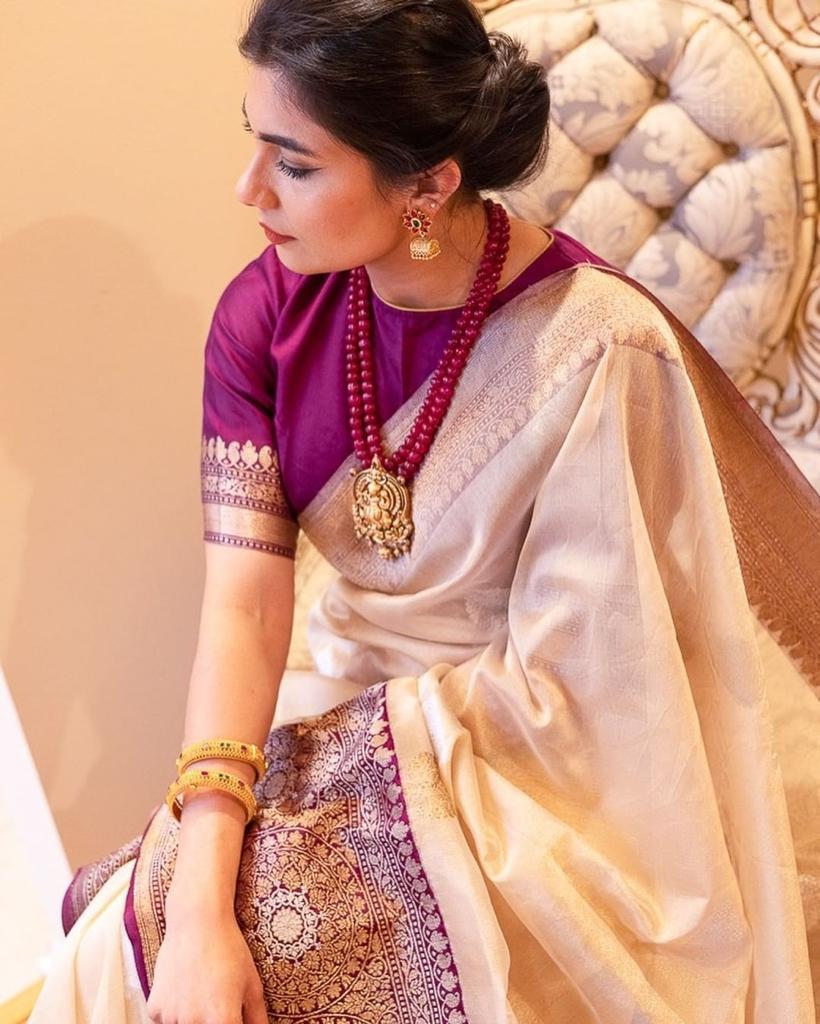 Mesmeric Beige Soft Banarasi Silk Saree With Stunner Blouse Piece - Shop authentic Indian Women's Fashion by Silk Folks