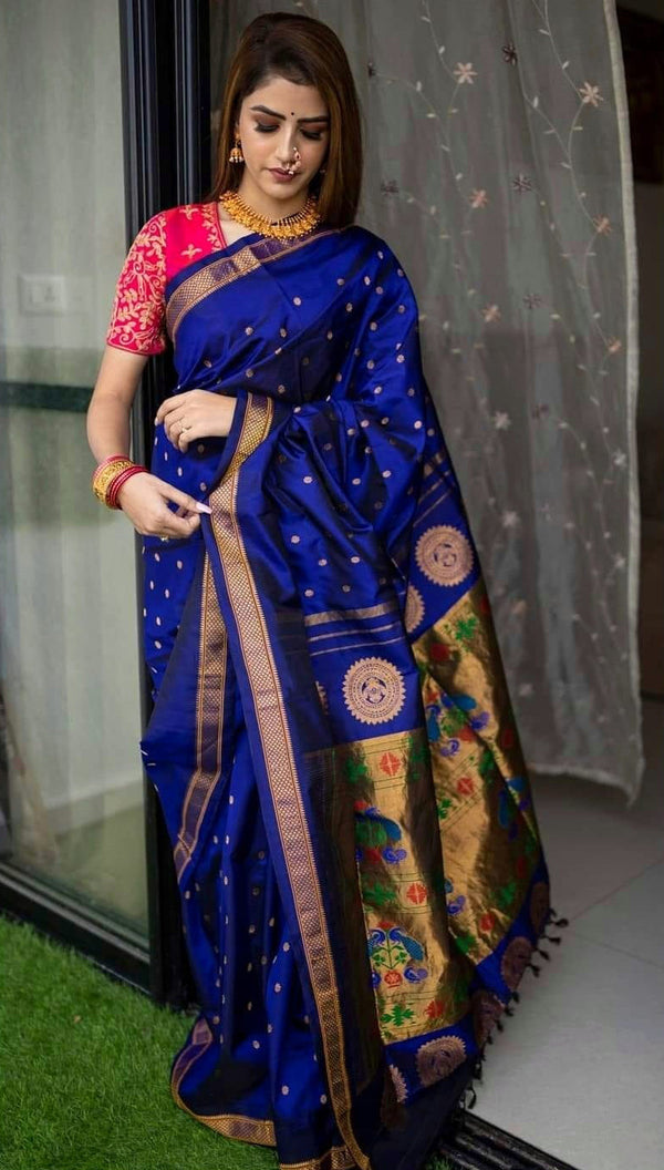 Vestigial Royal Blue Paithani Silk Saree With Denouement Blouse Piece - Shop authentic Indian Women's Fashion by Silk Folks