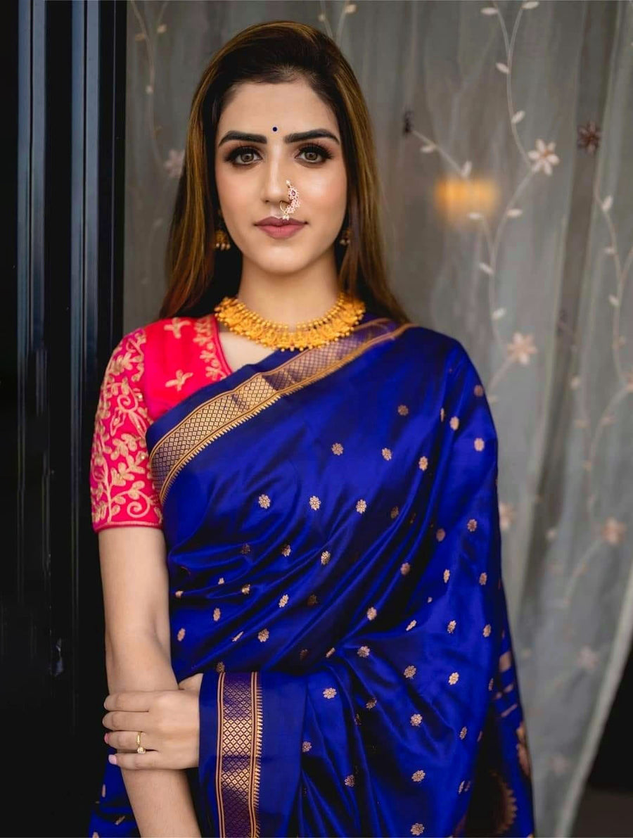 Vestigial Royal Blue Paithani Silk Saree With Denouement Blouse Piece - Shop authentic Indian Women's Fashion by Silk Folks