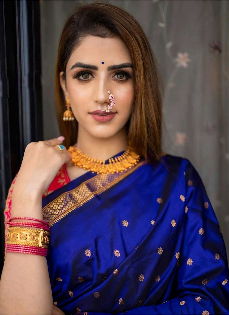 Vestigial Royal Blue Paithani Silk Saree With Denouement Blouse Piece - Shop authentic Indian Women's Fashion by Silk Folks