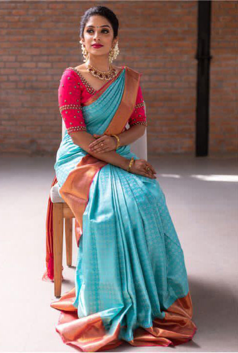 Lissome Firozi Soft Silk Saree With Ebullience Blouse Piece - Shop authentic Indian Women's Fashion by Silk Folks