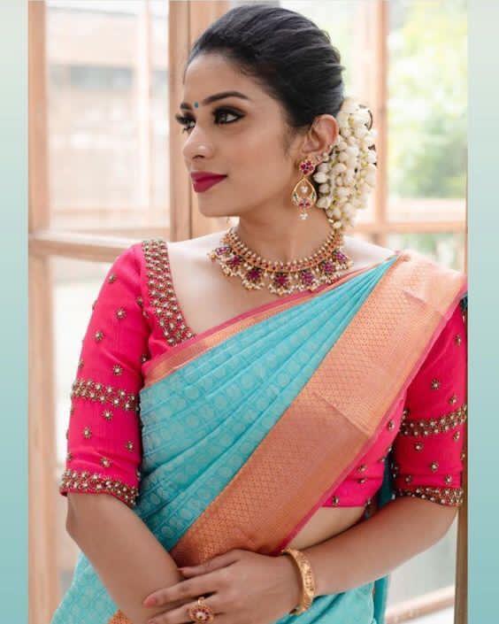 Lissome Firozi Soft Silk Saree With Ebullience Blouse Piece - Shop authentic Indian Women's Fashion by Silk Folks