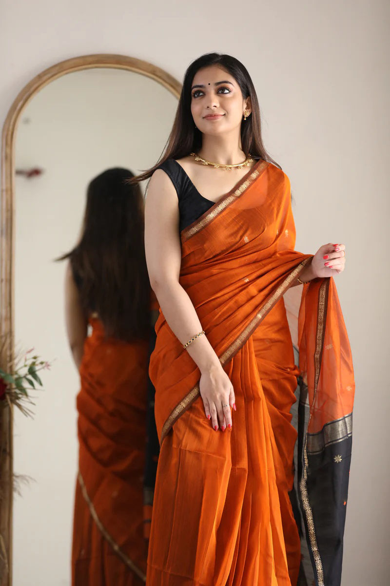 Phenomenal Orange Cotton Silk Saree With Refreshing Blouse Piece - Shop authentic Indian Women's Fashion by Silk Folks