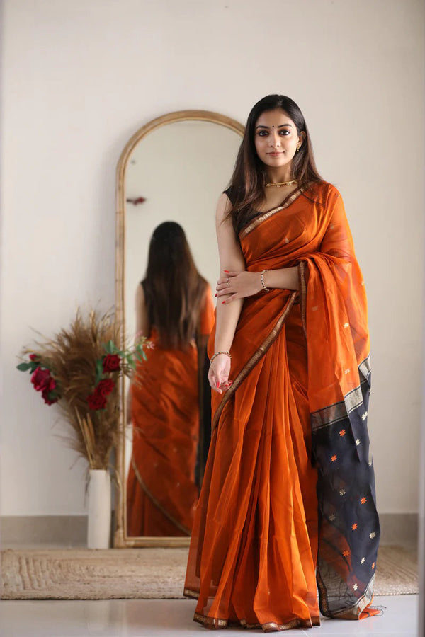 Phenomenal Orange Cotton Silk Saree With Refreshing Blouse Piece - Shop authentic Indian Women's Fashion by Silk Folks