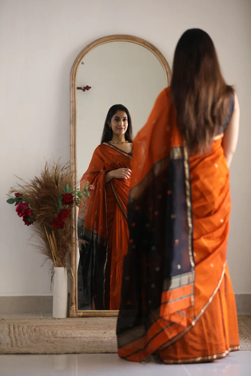 Phenomenal Orange Cotton Silk Saree With Refreshing Blouse Piece - Shop authentic Indian Women's Fashion by Silk Folks