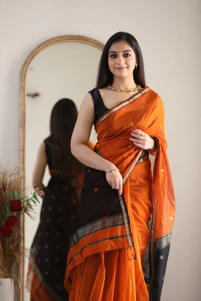 Phenomenal Orange Cotton Silk Saree With Refreshing Blouse Piece - Shop authentic Indian Women's Fashion by Silk Folks