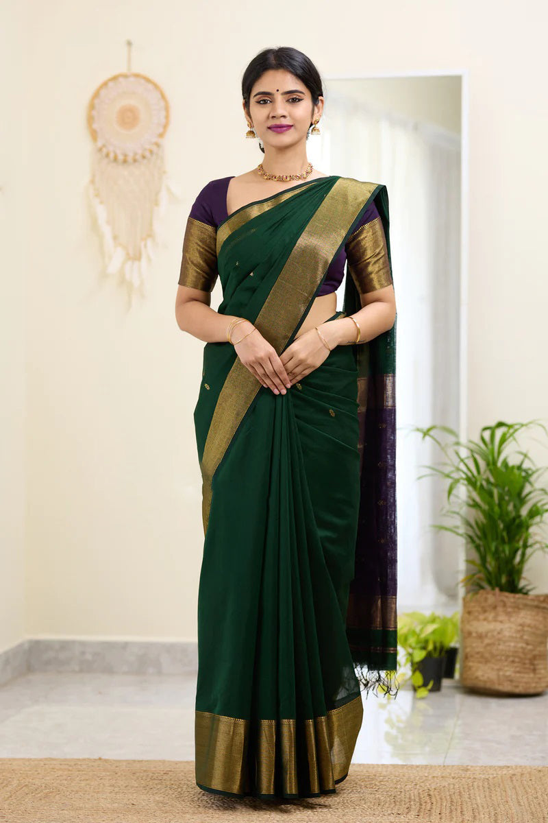 Traditional Dark Green Cotton Silk Saree With Enticing Blouse Piece - Shop authentic Indian Women's Fashion by Silk Folks