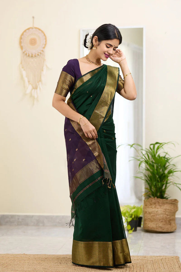 Traditional Dark Green Cotton Silk Saree With Enticing Blouse Piece - Shop authentic Indian Women's Fashion by Silk Folks
