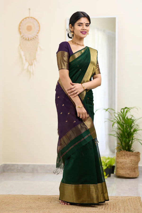 Traditional Dark Green Cotton Silk Saree With Enticing Blouse Piece - Shop authentic Indian Women's Fashion by Silk Folks