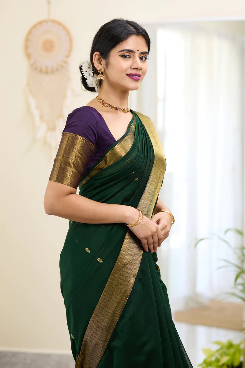 Traditional Dark Green Cotton Silk Saree With Enticing Blouse Piece - Shop authentic Indian Women's Fashion by Silk Folks