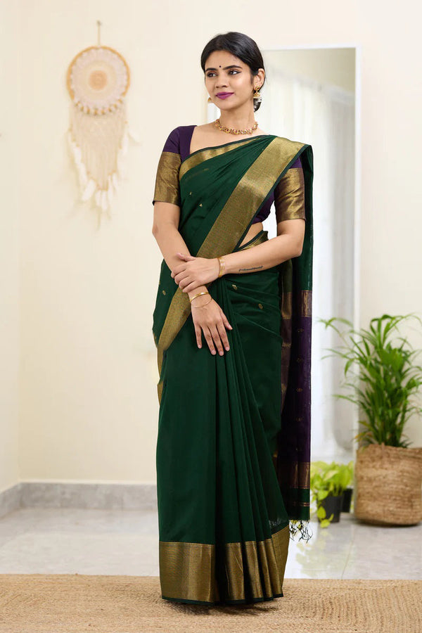 Traditional Dark Green Cotton Silk Saree With Enticing Blouse Piece - Shop authentic Indian Women's Fashion by Silk Folks