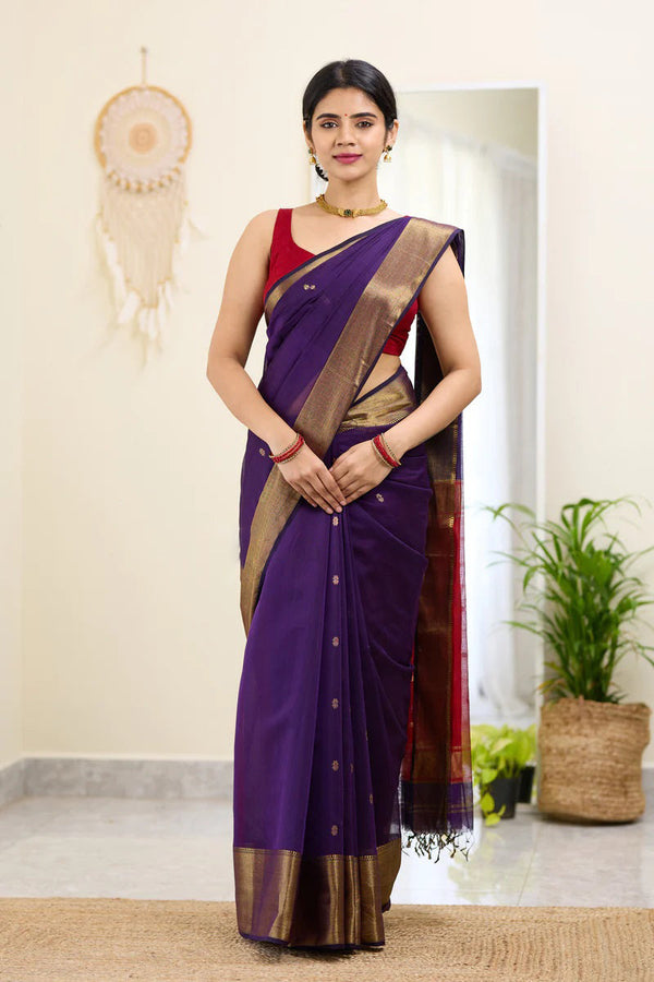 Assemblage Purple Cotton Silk Saree With Forbearance Blouse Piece - Shop authentic Indian Women's Fashion by Silk Folks