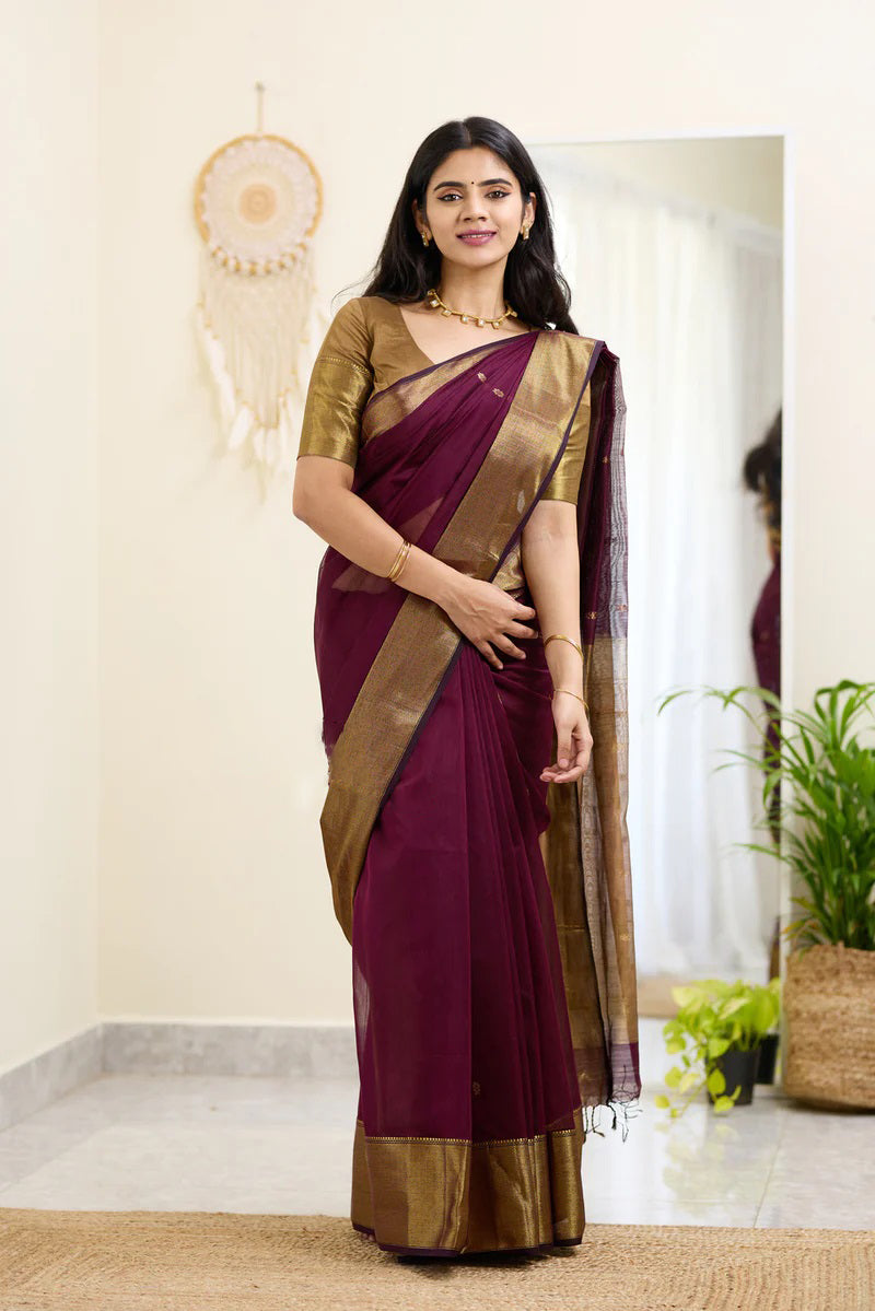 Sempiternal Wine Cotton Silk Saree With Staggering Blouse Piece - Shop authentic Indian Women's Fashion by Silk Folks