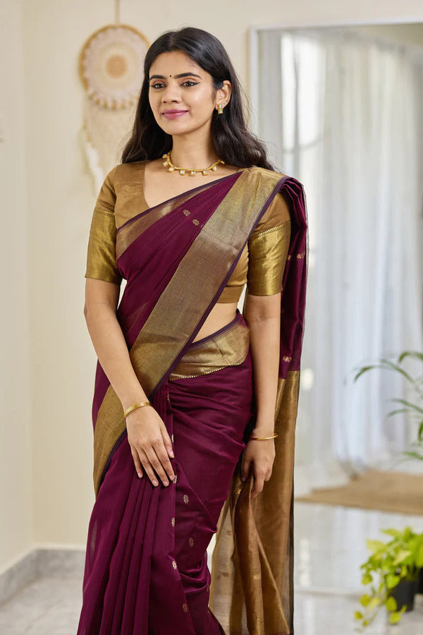Sempiternal Wine Cotton Silk Saree With Staggering Blouse Piece - Shop authentic Indian Women's Fashion by Silk Folks