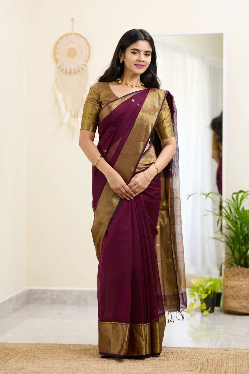 Sempiternal Wine Cotton Silk Saree With Staggering Blouse Piece - Shop authentic Indian Women's Fashion by Silk Folks